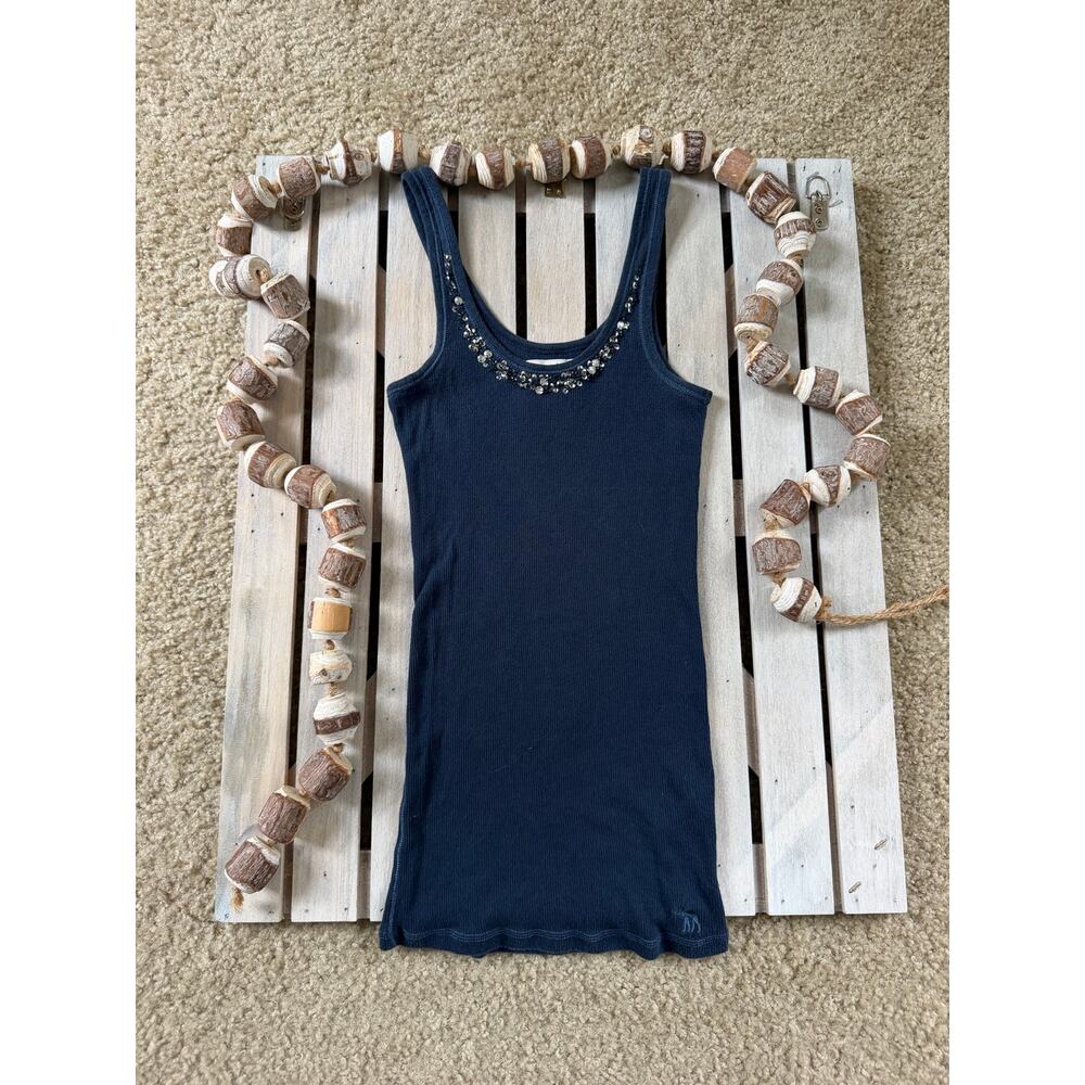 Vintage Y2K Abercrombie & Fitch Cute Stretch Beaded Sequin Blue Ribbed Tank Top